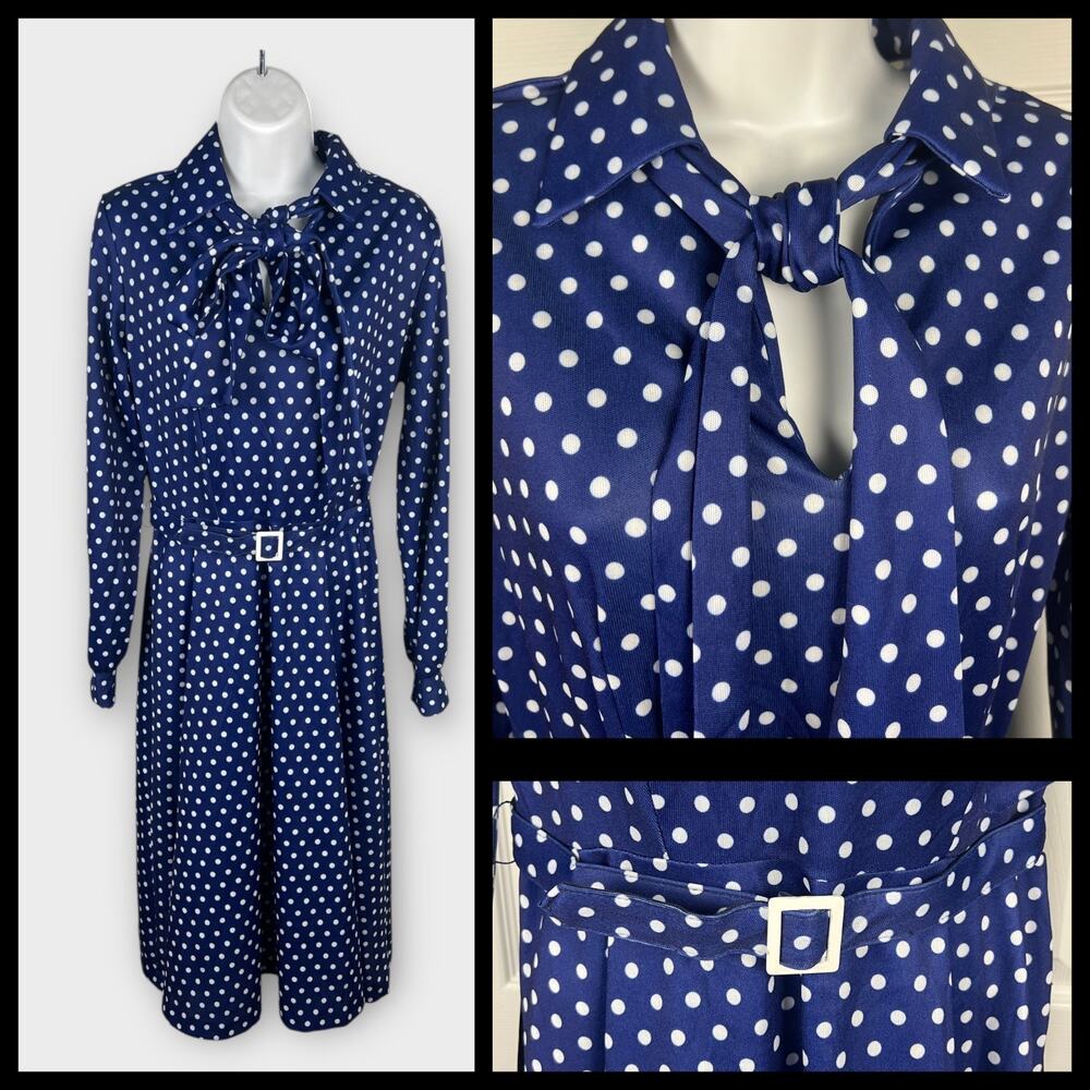 Vintage‎ 70s Blue Polka Dot Dress Neck Bow Rockabilly Midi S/M